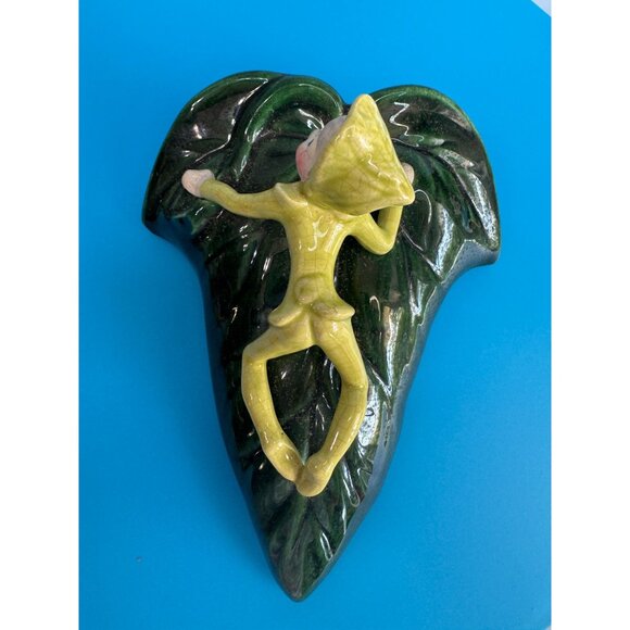 Vintage Cali Crown Wall Pocket Elf on Leaf Mid Century California Pottery 7" - Picture 2 of 9